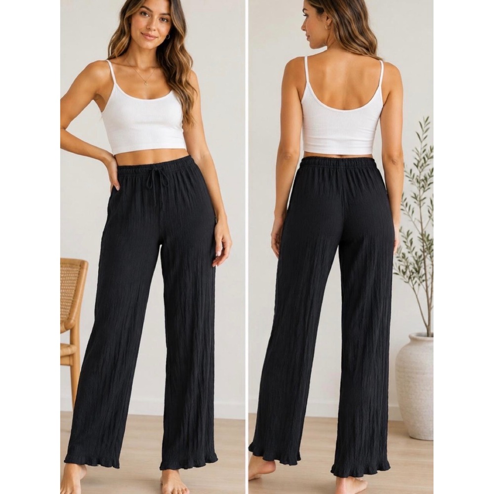 Zara Black Crinkle Textured Wide Leg Relaxed Drawstring Pants Medium